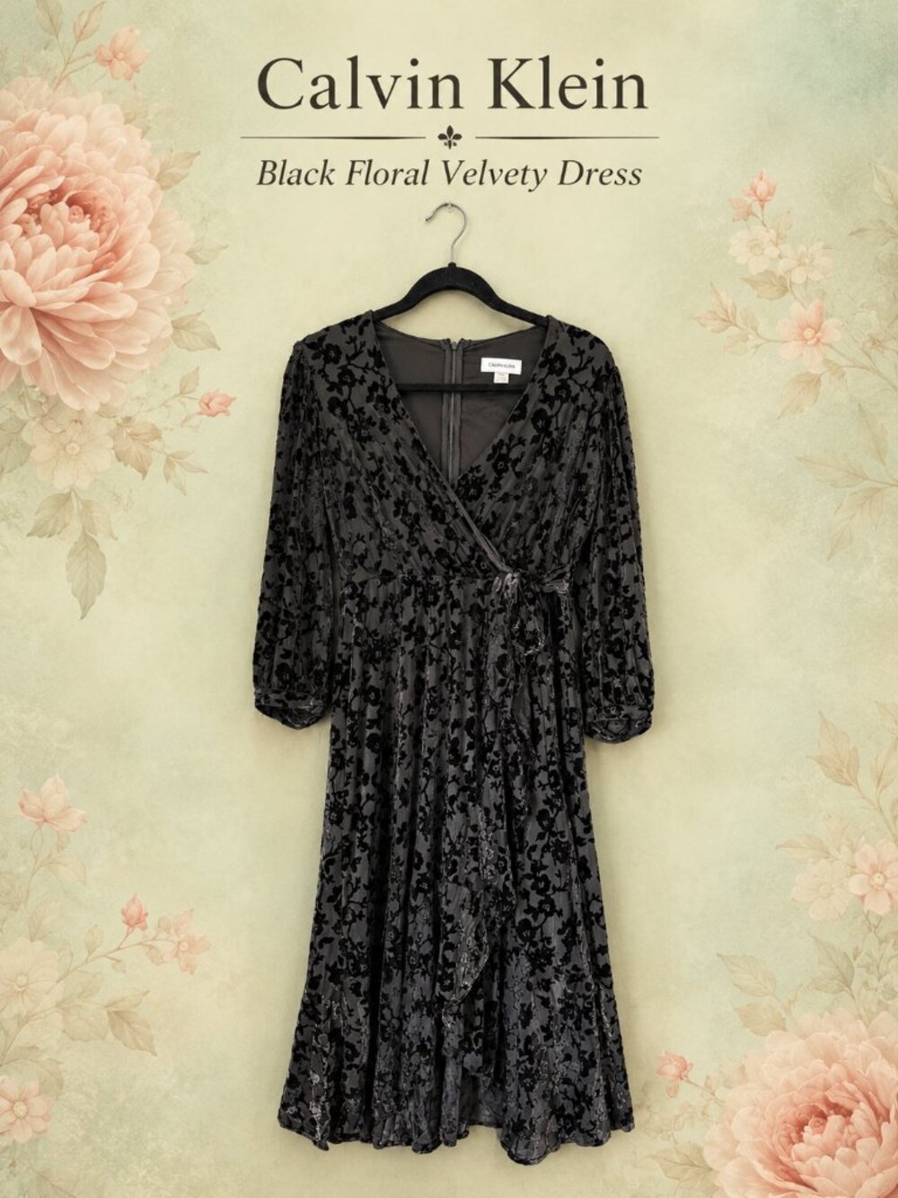 Calvin Klein Black Floral Velvet Burnout Wrap Dress Long Sleeve Ruffle Hem